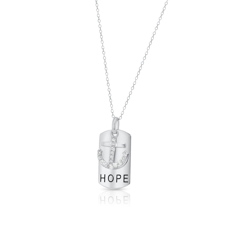 Silver 925 Rhodium Plated Clear CZ Anchor Black Dogtag Pendant Necklace - STP00754