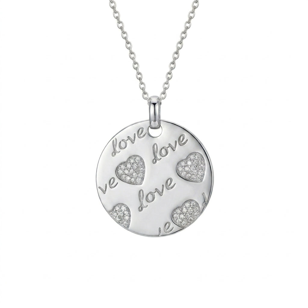Collar con colgante redondo de corazón de amor con circonitas cúbicas transparentes en plata 925 rodiada - STP00803