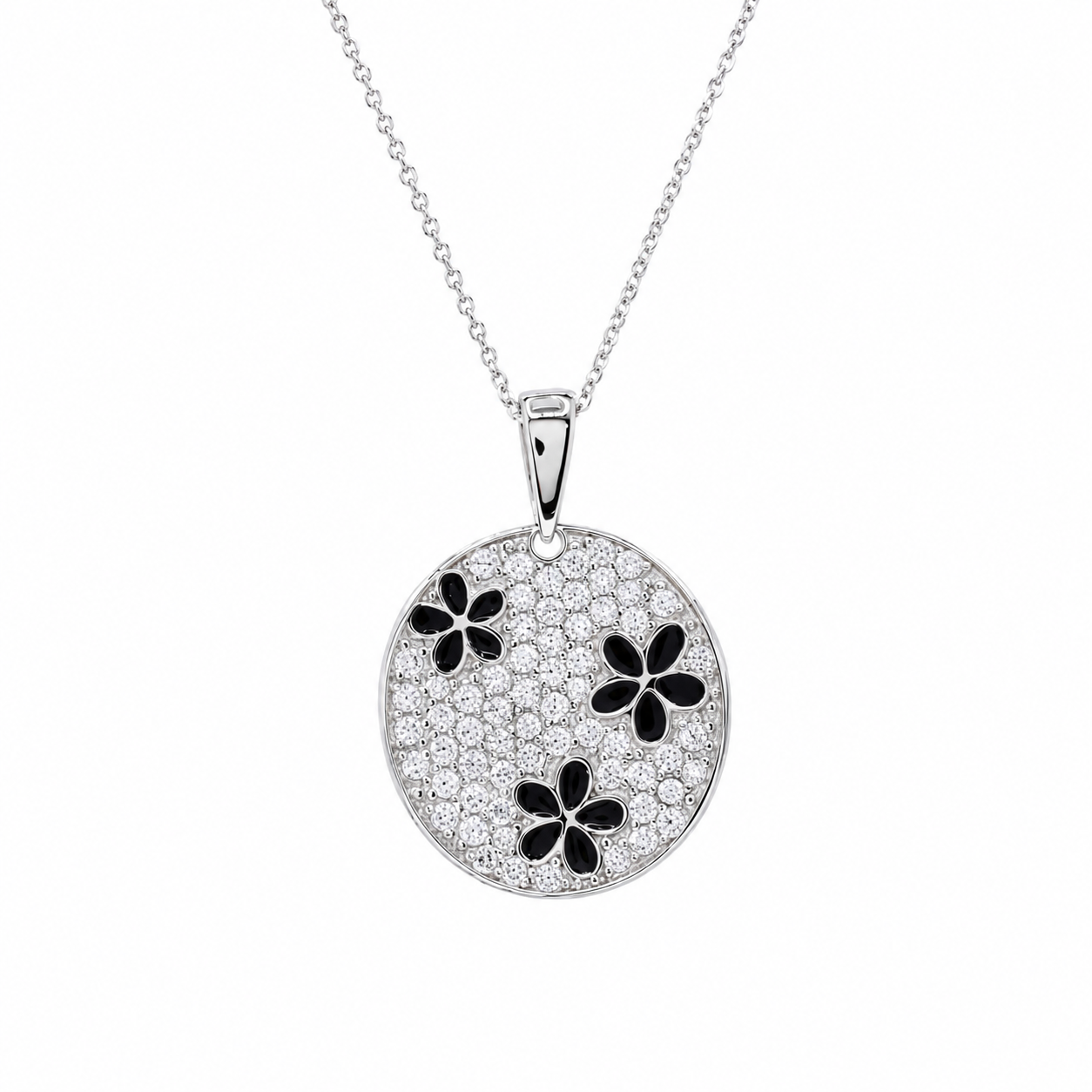 Rhodium Plated 925 Sterling Silver CZ & Black Flower Disc Pendant Necklace - STP00821