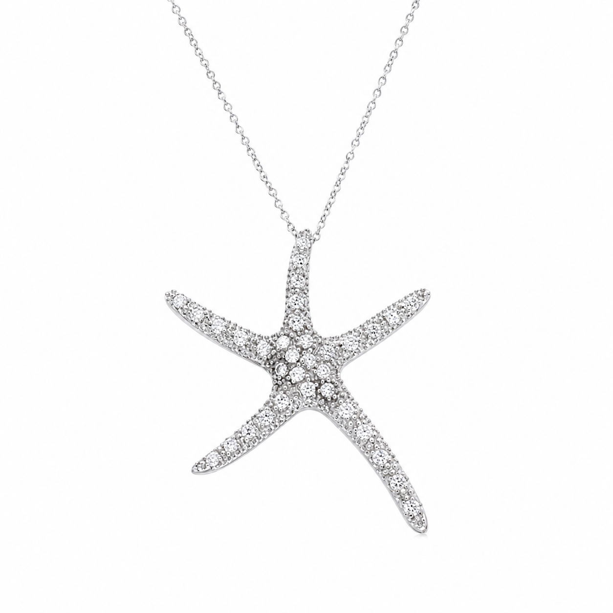 Rhodium Plated 925 Sterling Silver Large CZ Starfish Pendant