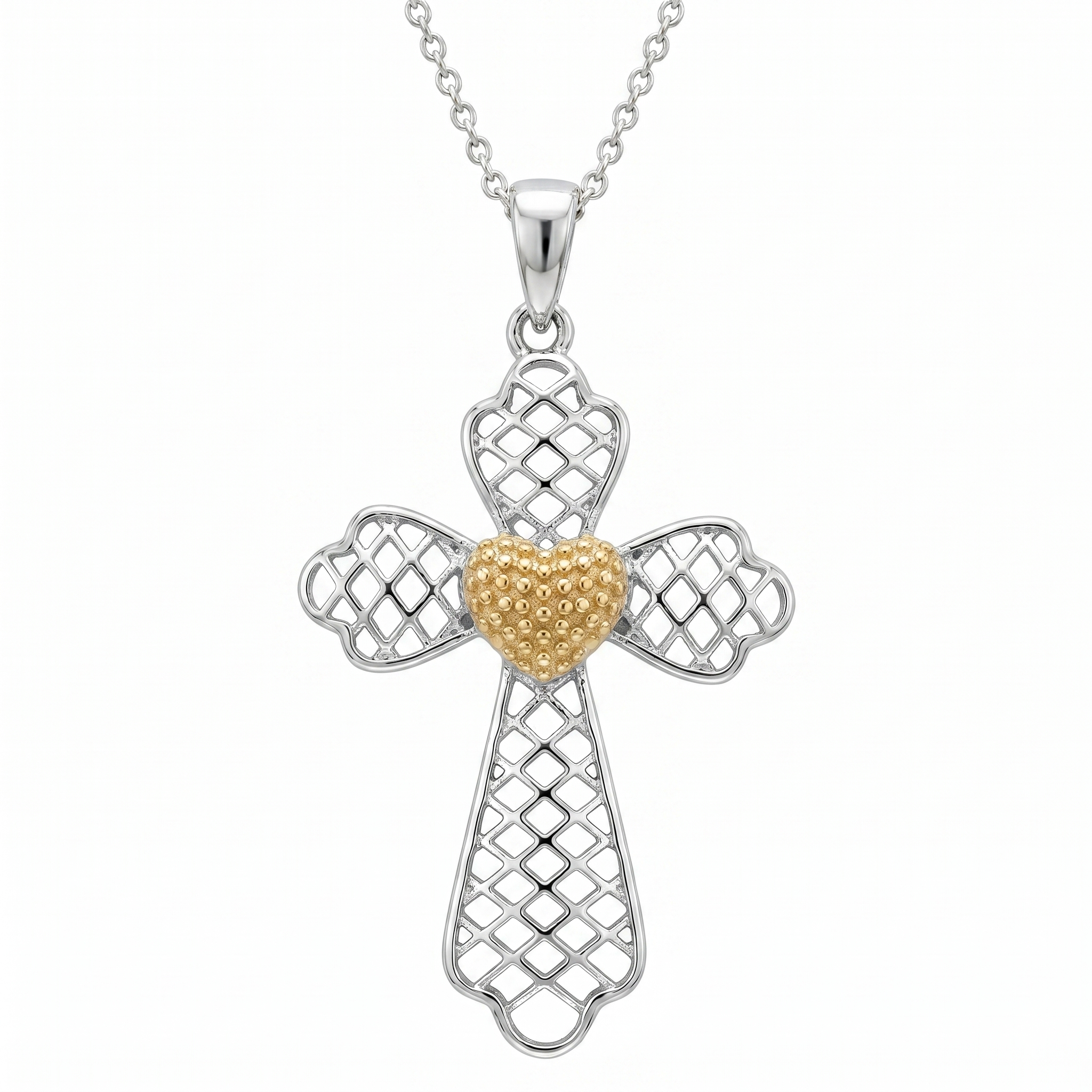 Clearance- Two Tone 925 Sterling Silver Heart Cross Pendant Necklace - STP00892