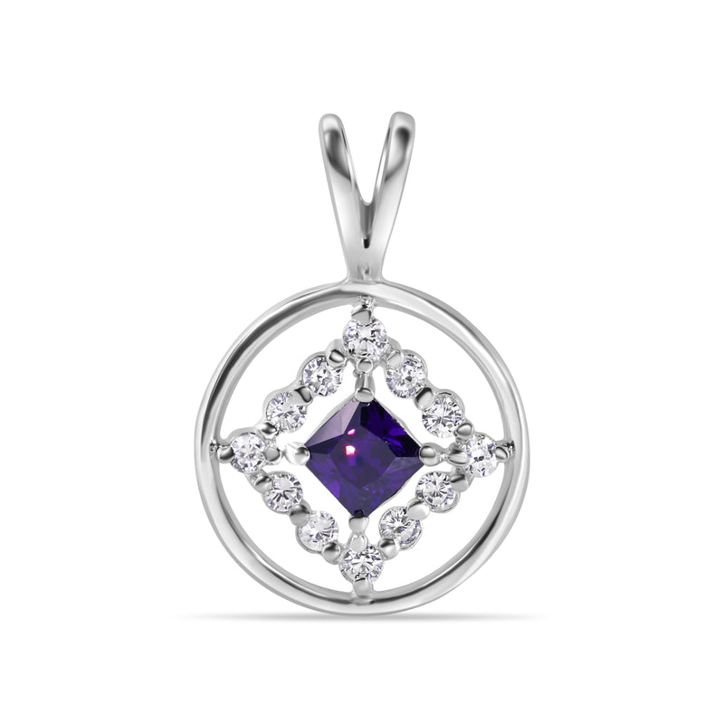 Closeout-Rhodium Plated 925 Sterling Silver Round Clear CZ and Square Purple Pendant - STP00907PR