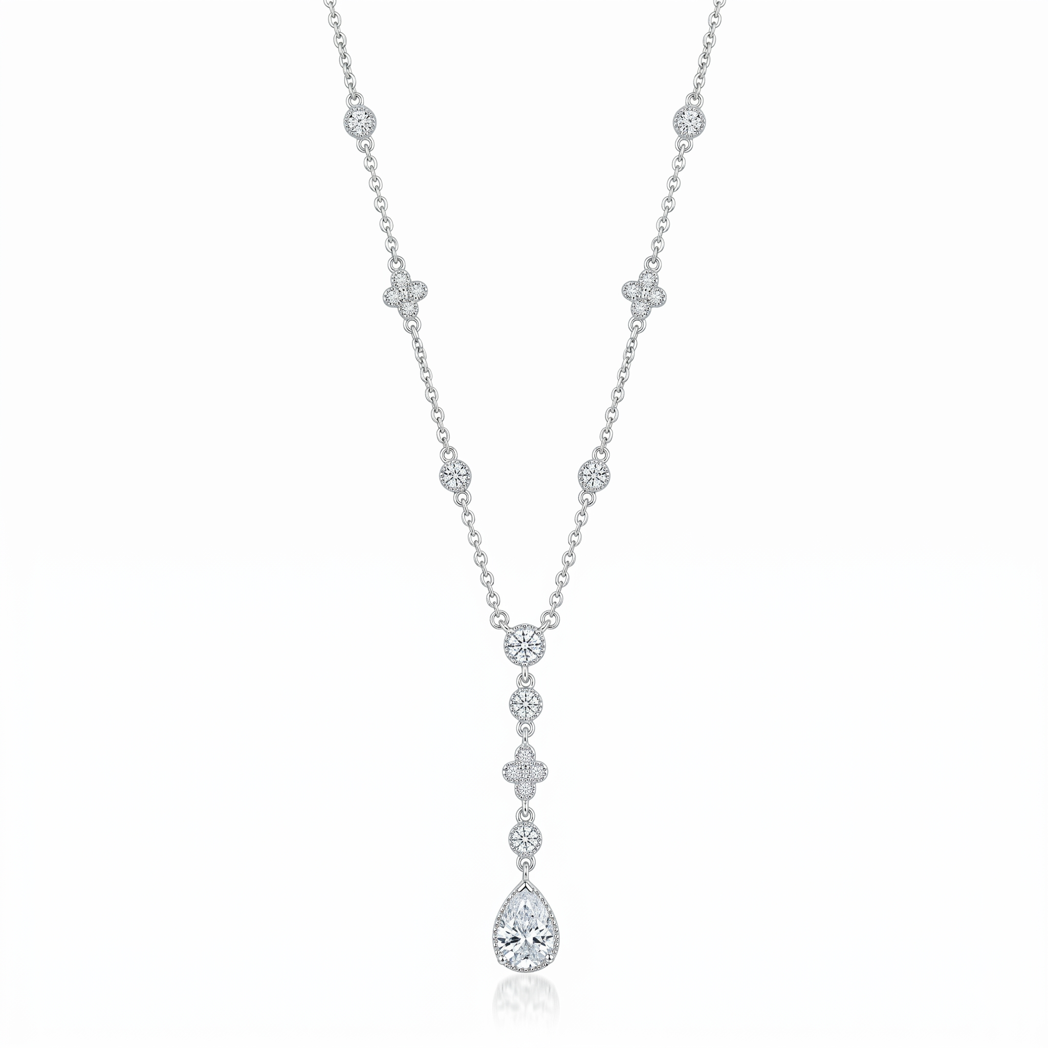 Rhodium Plated 925 Sterling Silver Bezel & Teardrop Dangle Necklace - STP00911