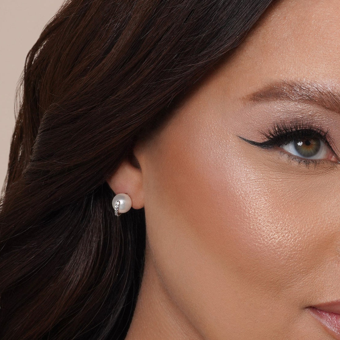 Rhodium Plated 925 Sterling Silver CZ Wrapped Synthetic Mother of Pearl Stud Earring- BGE00653