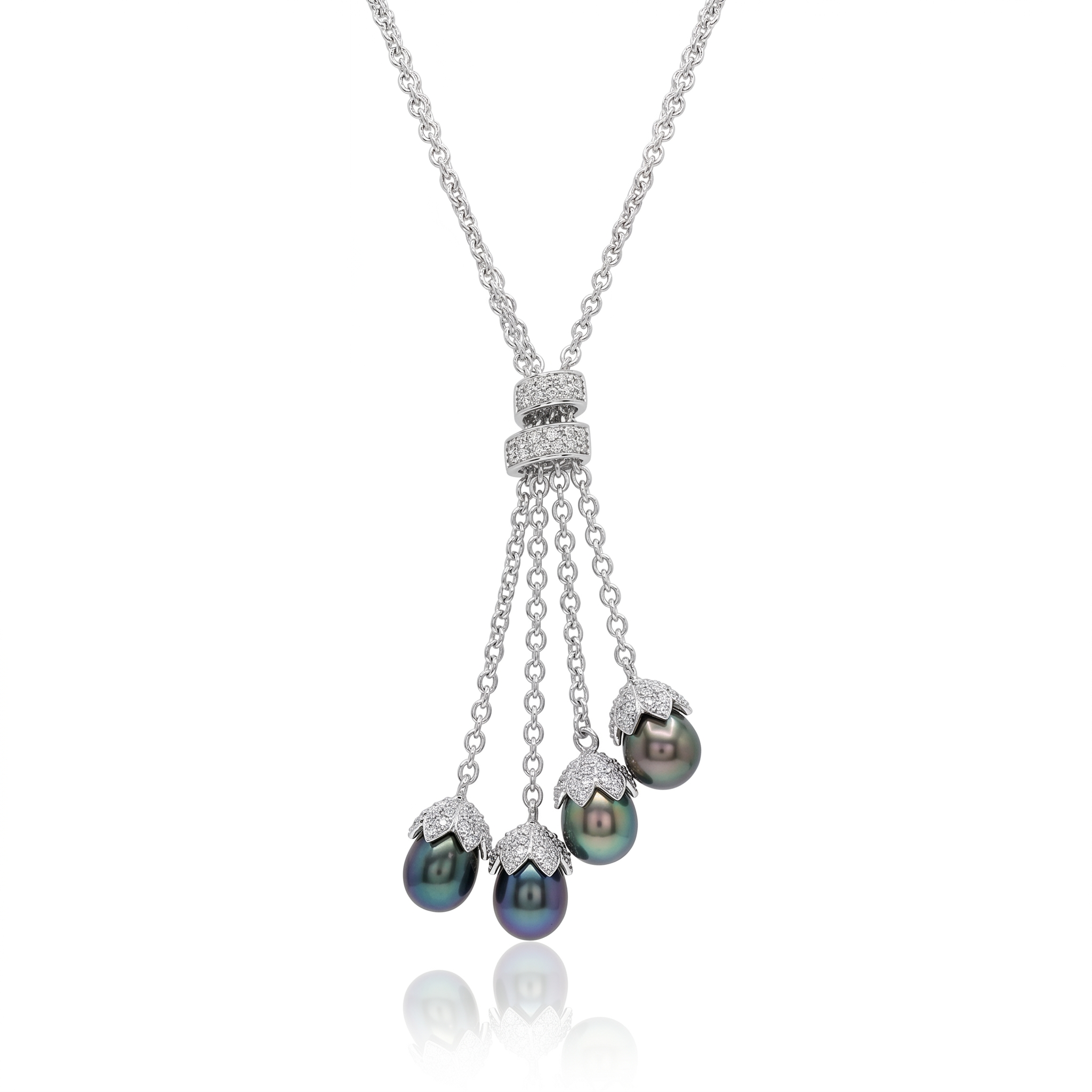 Clearance-Rhodium Plated 925 Sterling Silver CZ & Black Pearl Dangle Necklace - STP00931