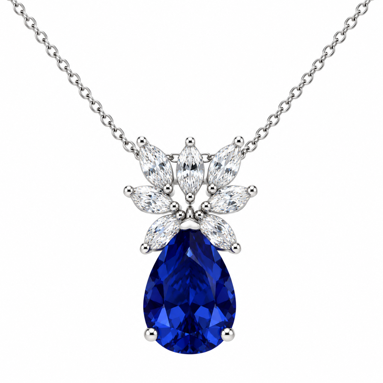 Rhodium Plated 925 Sterling Silver Clear & Pear CZ Birthstone Pendant Necklace - STP00941