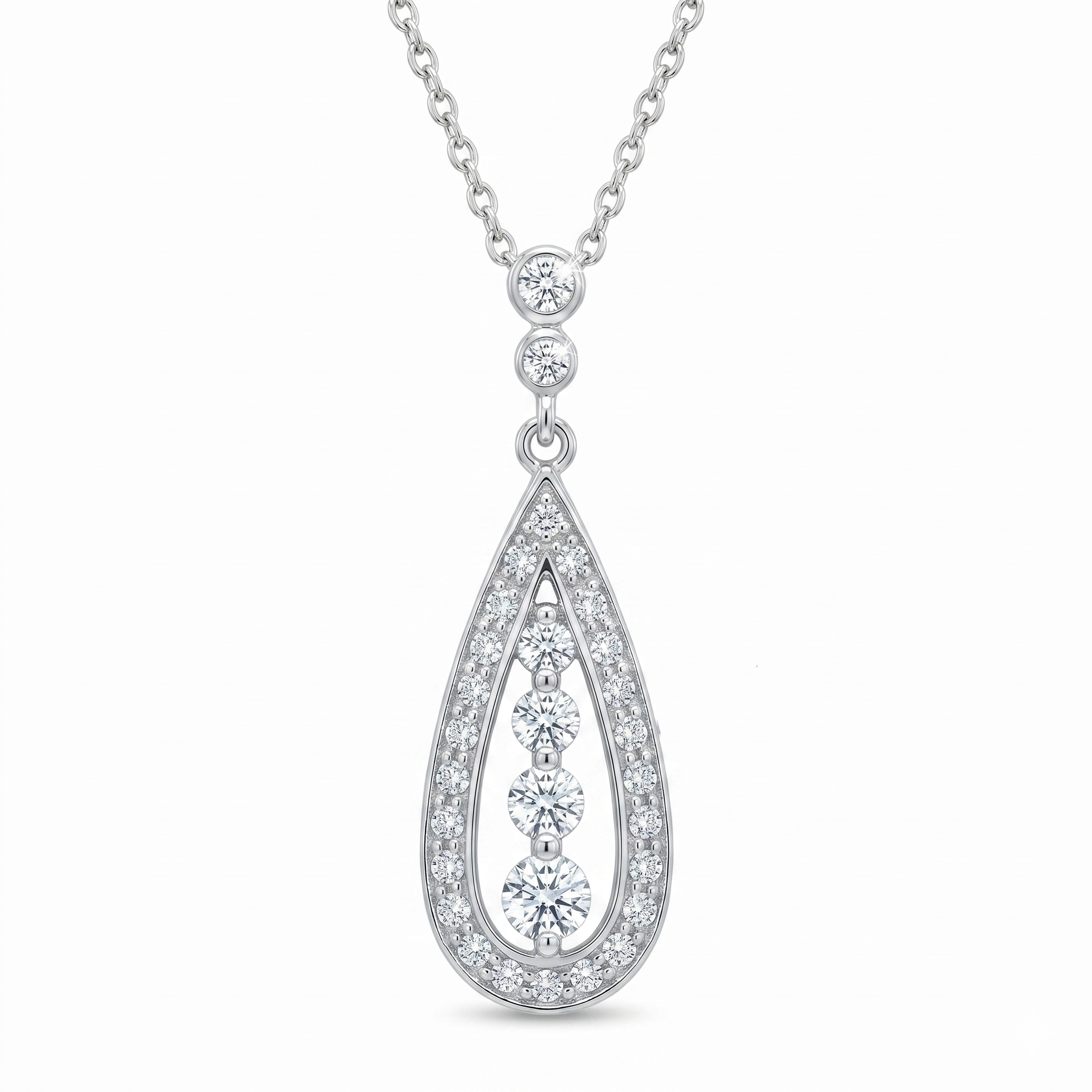 Rhodium Plated 925 Strling Silver CZ Teardrop Dangle Pendant Necklace - STP00942
