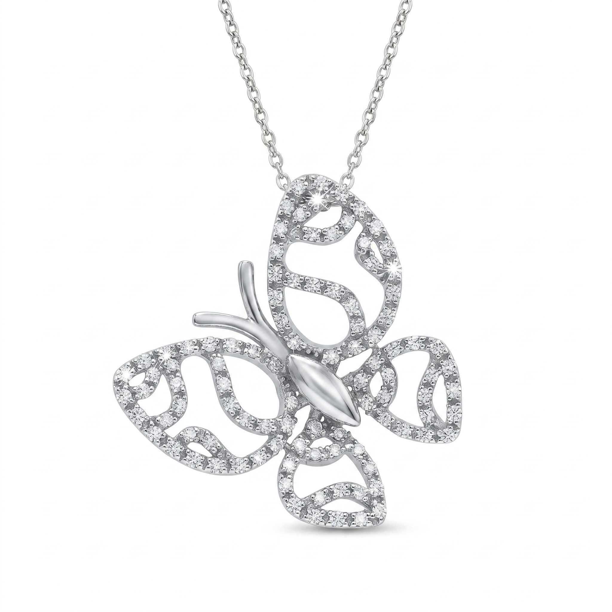 Rhodium Plated 925 Sterling Silver Ornate CZ Butterfly Pendant Necklace - STP00954