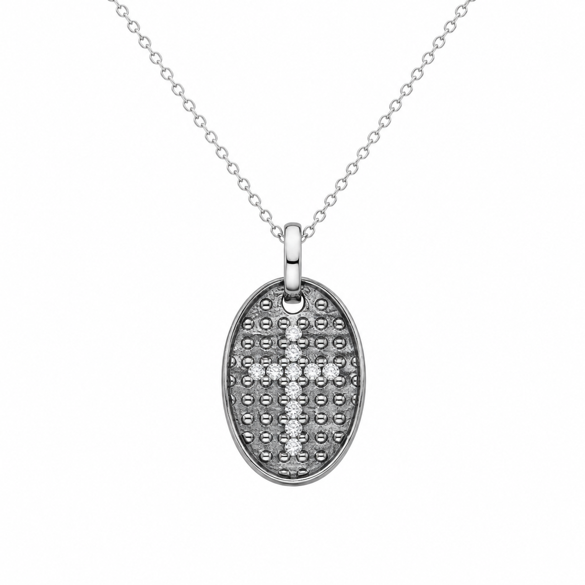 Clearance-Plated 925 Silver Textured Oval CZ Cross Pendant Necklace - STP00962 | STP00964