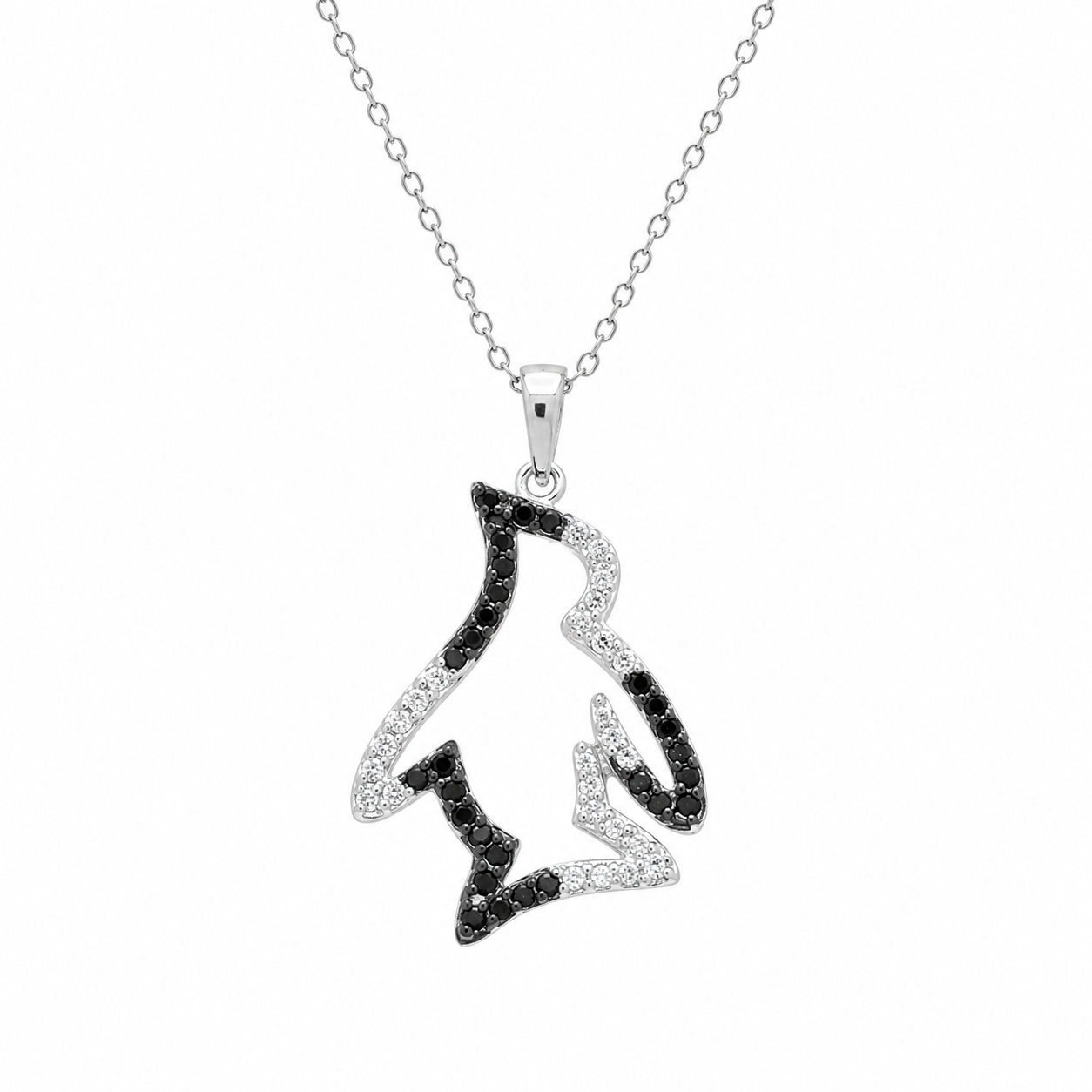 Rhodium Plated 925 Sterling Silver Black & White CZ Penguin Pendant Necklace - STP00968