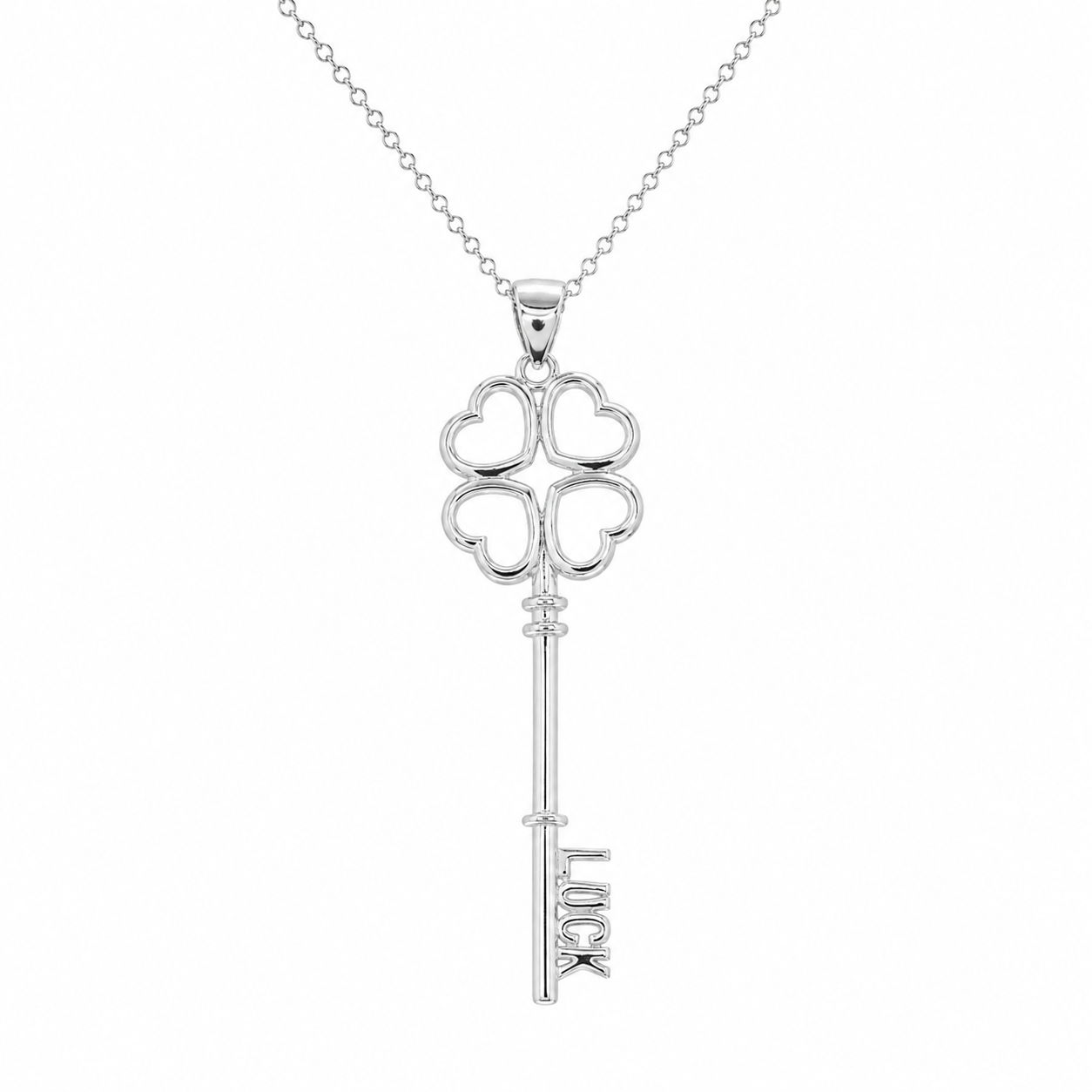 Rhodium Plated 925 Silver Luck Heart Clover Key Pendant Necklace - STP00980