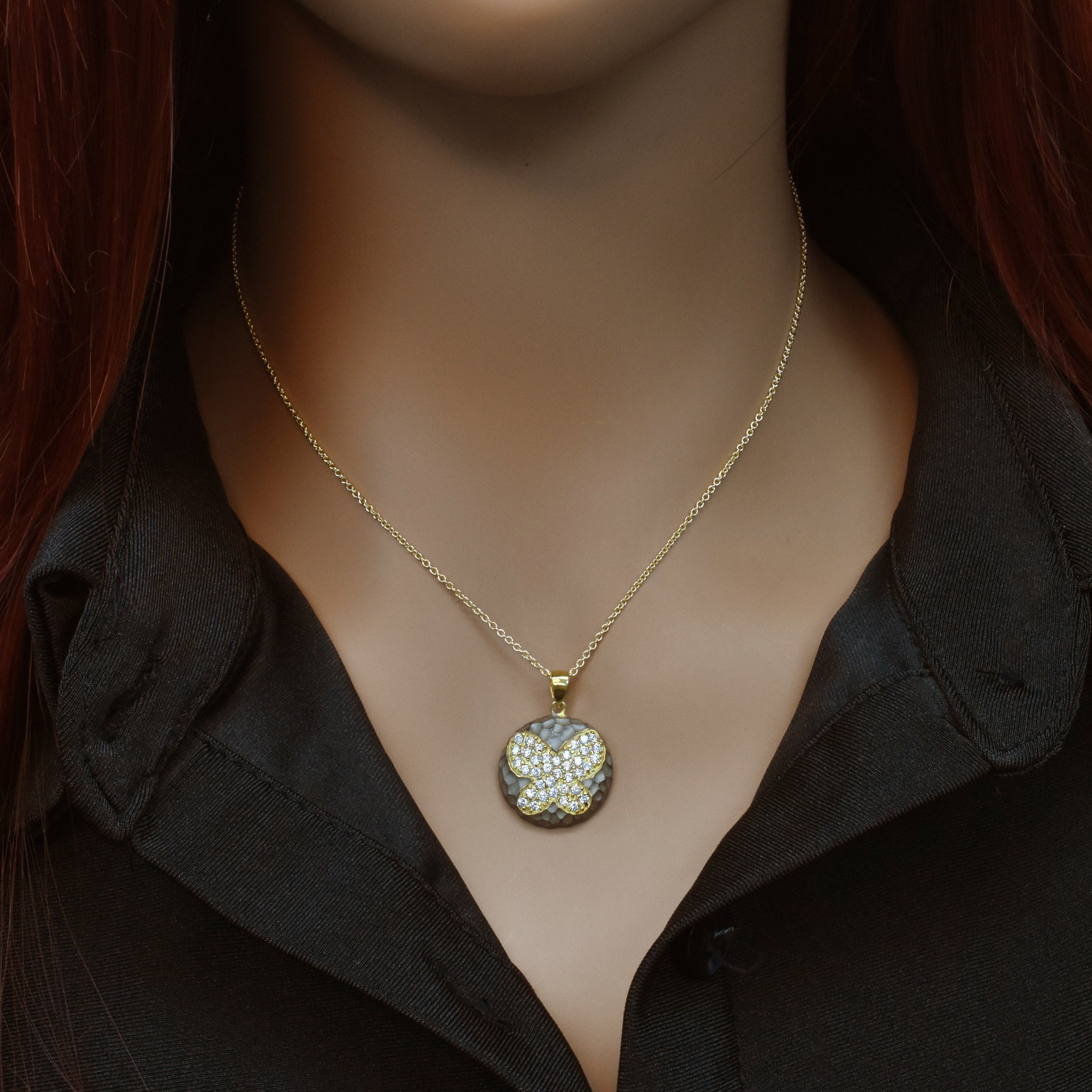 Clearance-Silver 925 Gold Plated and Matte Black Rhodium Finish Butterfly Clear CZ Round Pendant Necklace - STP00986