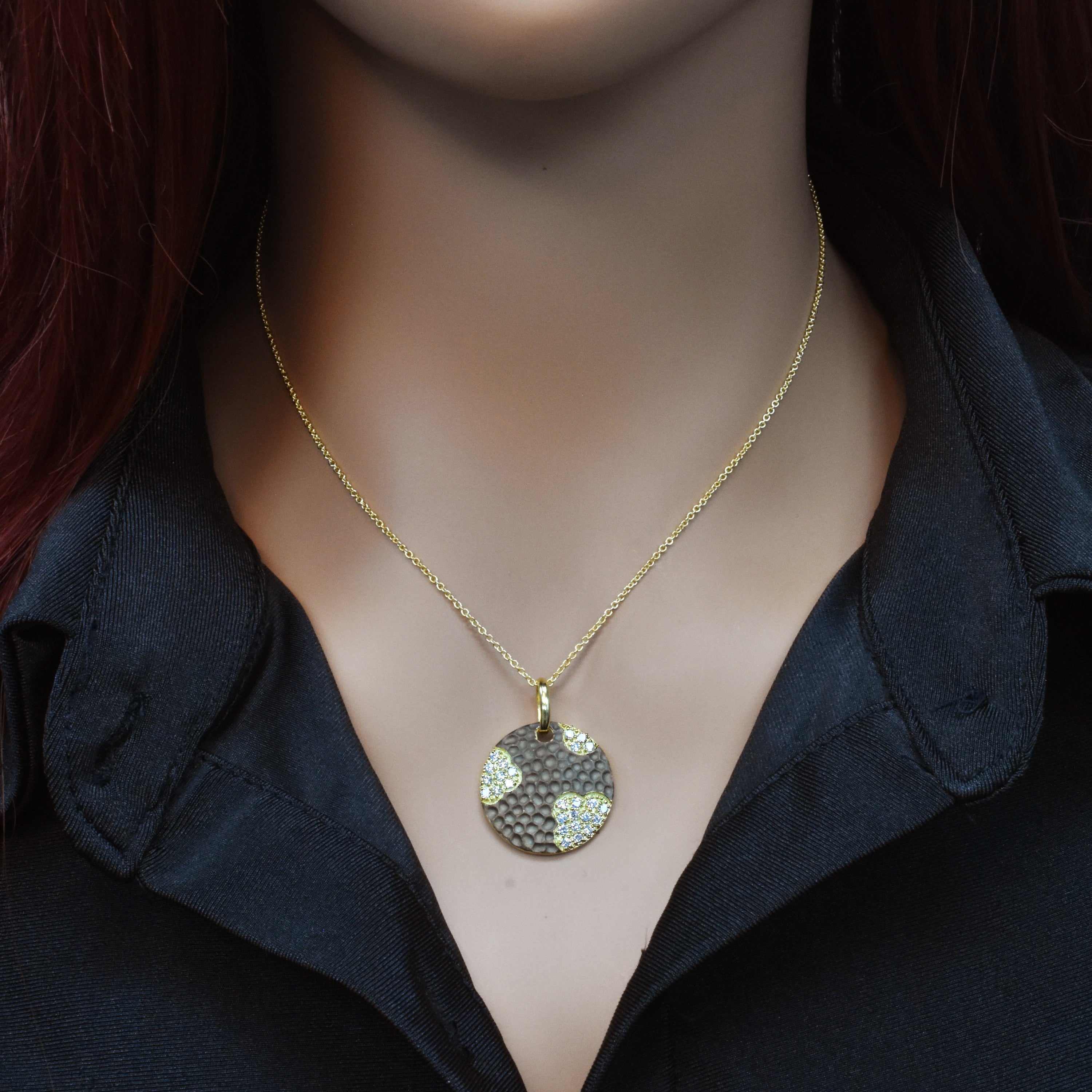 Clearance-Silver 925 Gold Plated and Matte Black Rhodium Finish Clear CZ Round Pendant Necklace - STP00988