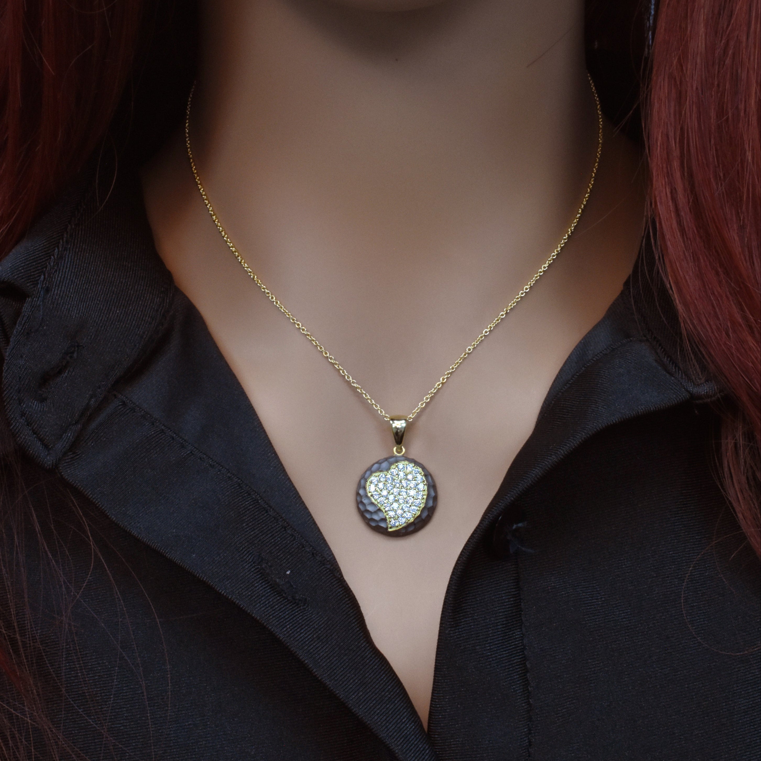 Clearance-Silver 925 Gold Plated and Matte Black Rhodium Finish Heart Clear CZ Hammered Round Onyx Pendant Necklace - STP00990