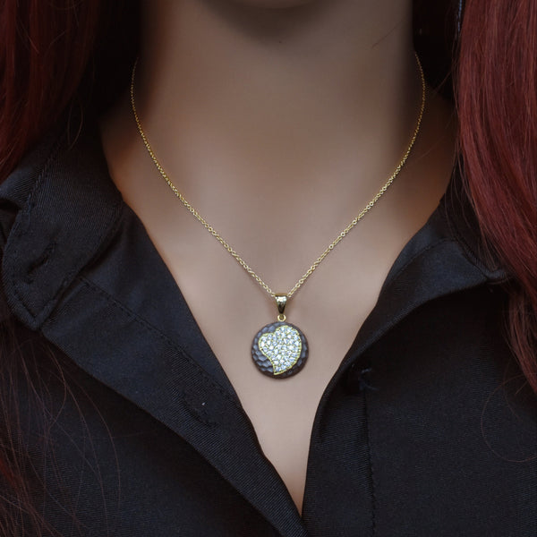 Clearance-Silver 925 Gold Plated and Matte Black Rhodium Finish Heart Clear CZ Hammered Round Onyx Pendant Necklace - STP00990