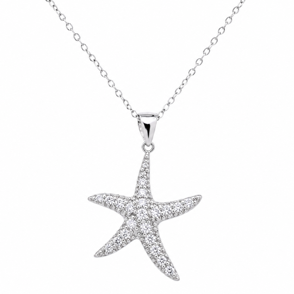 Rhodium Plated 925Sterling Silver Dainty CZ Starfish Pendant Necklace - STP01021