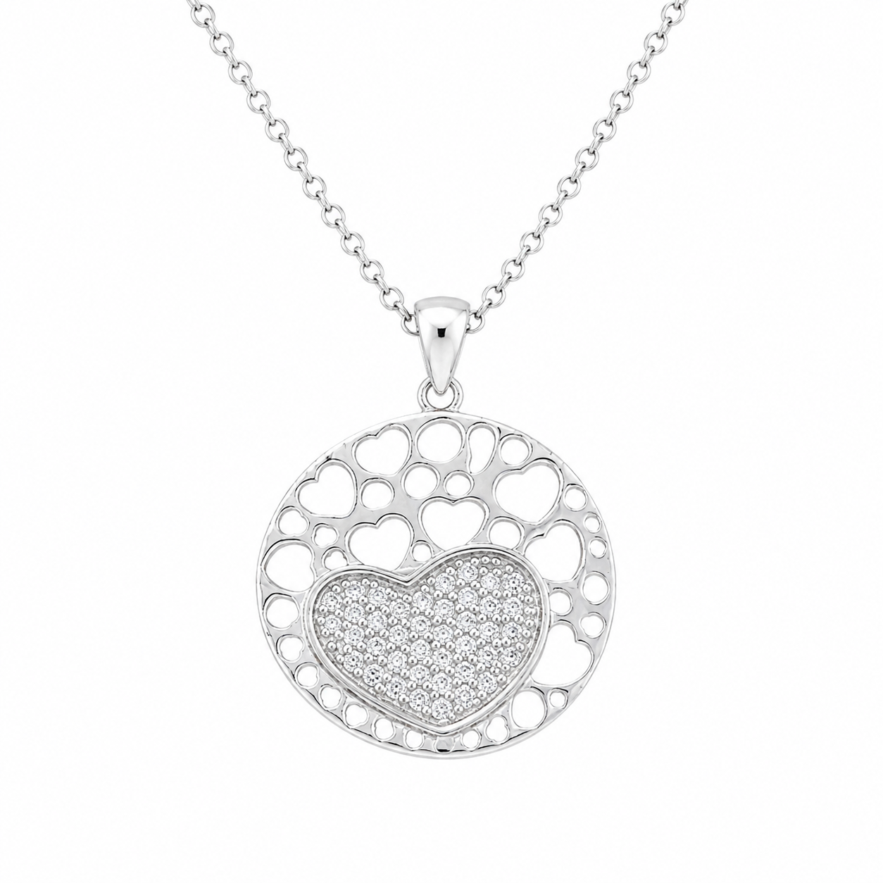 Collar con colgante de corazón de circonita cúbica transparente y baño de rodio en plata 925 (Liquidación) - STP01042
