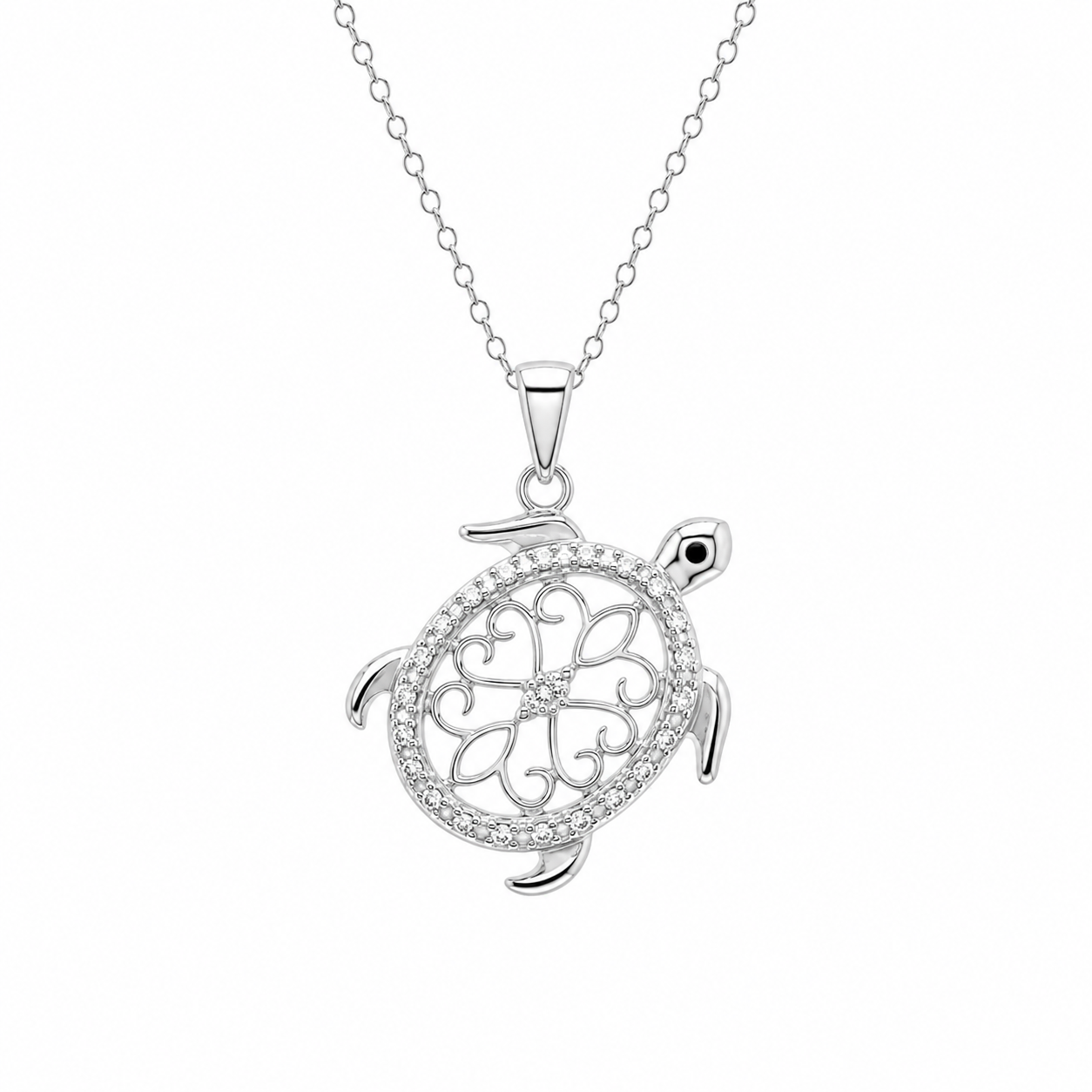 Rhodium Plated 925 Sterling Silver Diamond Turtle Pendant Necklace - STP01307