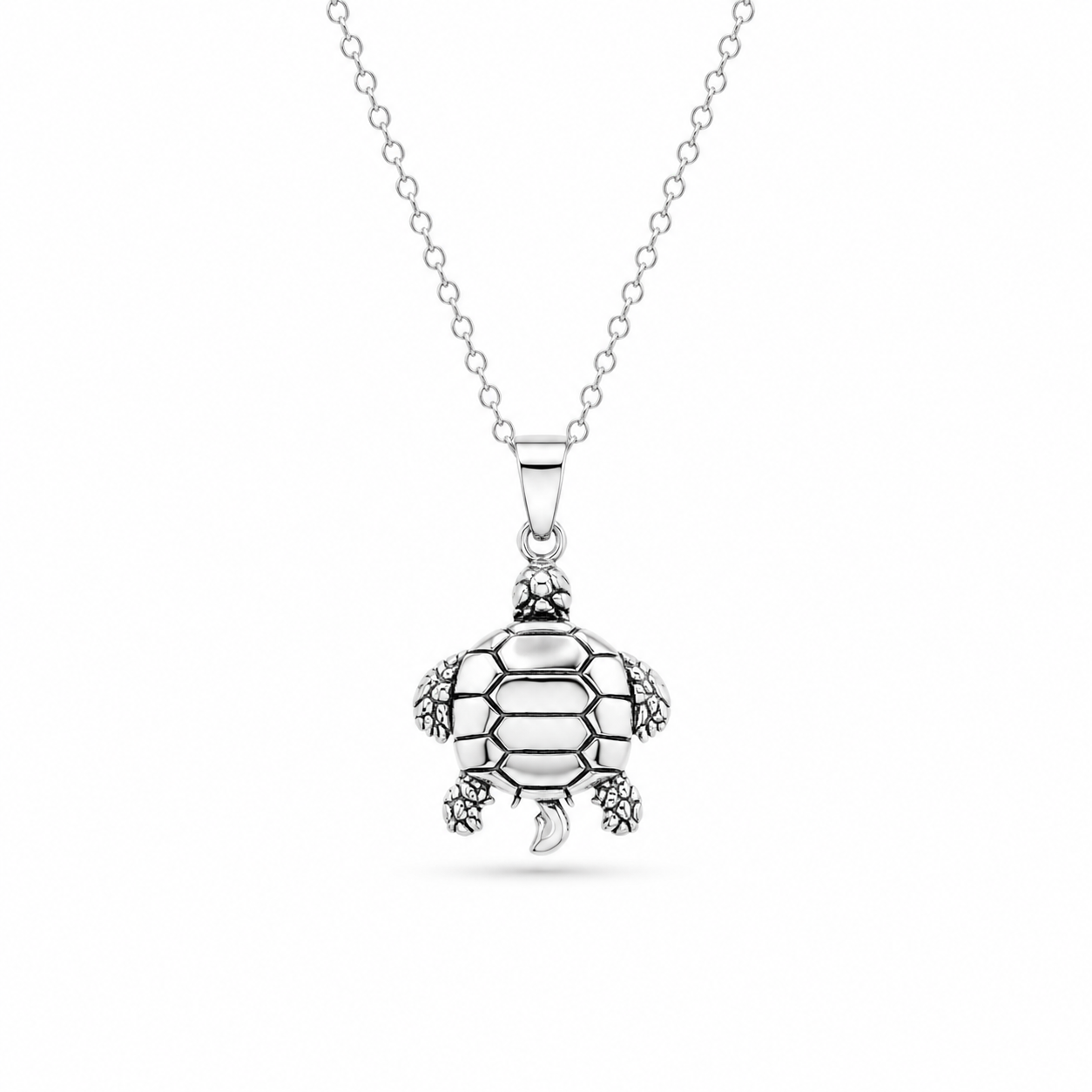 Rhodium Plated 925 Sterling Silver Plain Turtle Pendant Necklace - STP01308