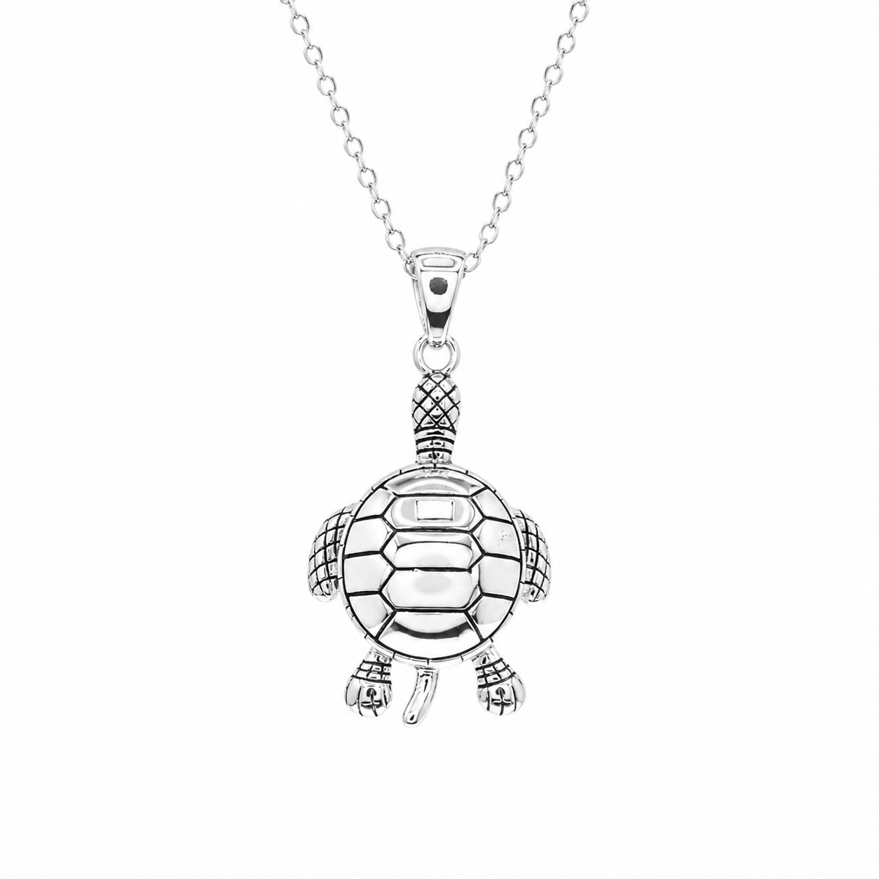 Rhodium Plated 925 Sterlling Silver Plain Turtle Pendant Necklace - STP01311