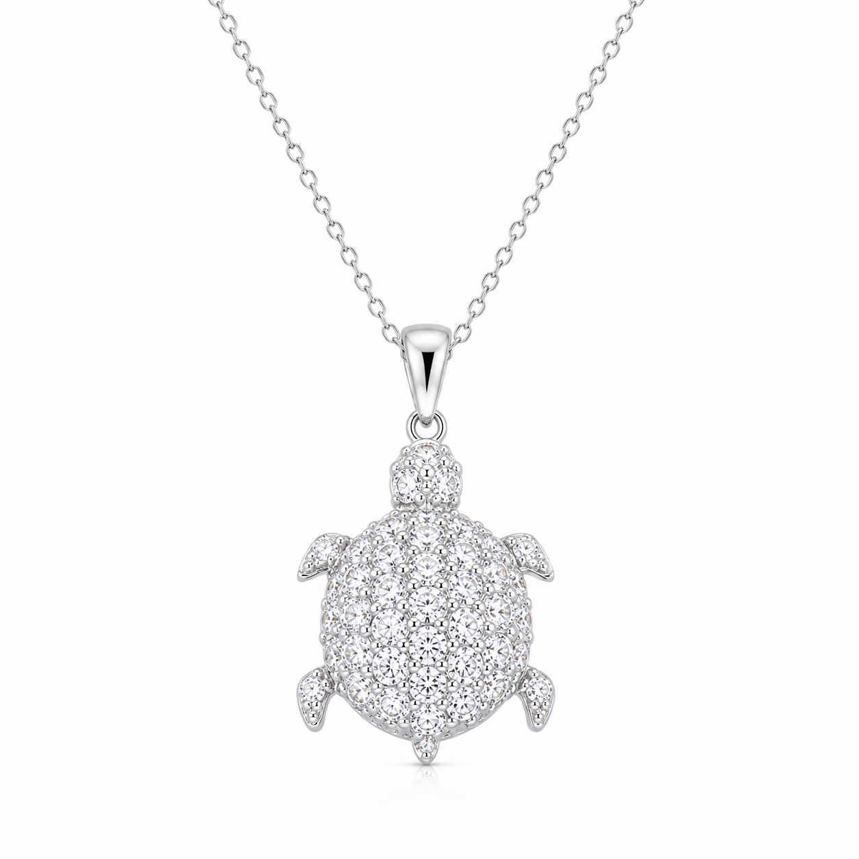 Rhodium Plated 925 Sterling Silver CZ Turtle Pendant Necklace - STP01314