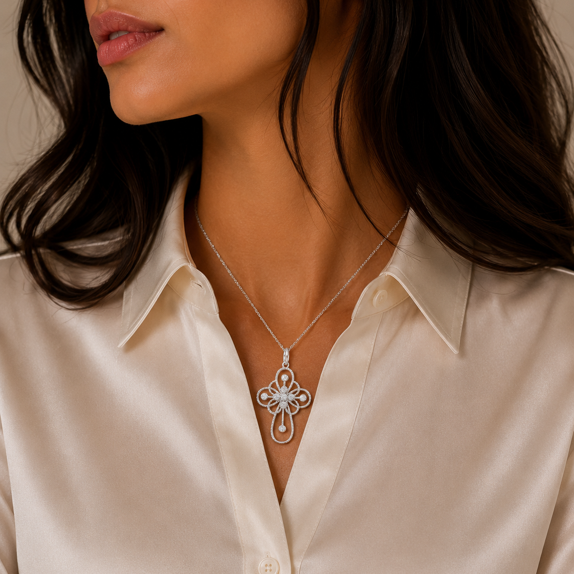 Rhodium Plated 925 Sterling Silver Open Cross CZ Pendant Necklace - STP01336