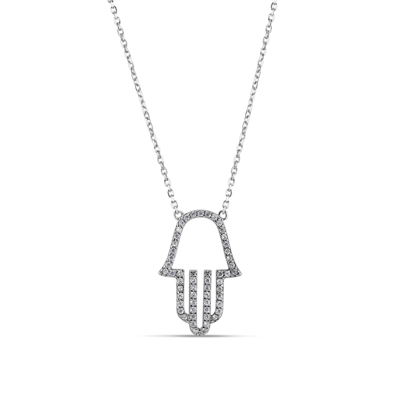 Collar con colgante de Hamsa con circonita transparente chapada en rodio de plata 925 - STP01379RH