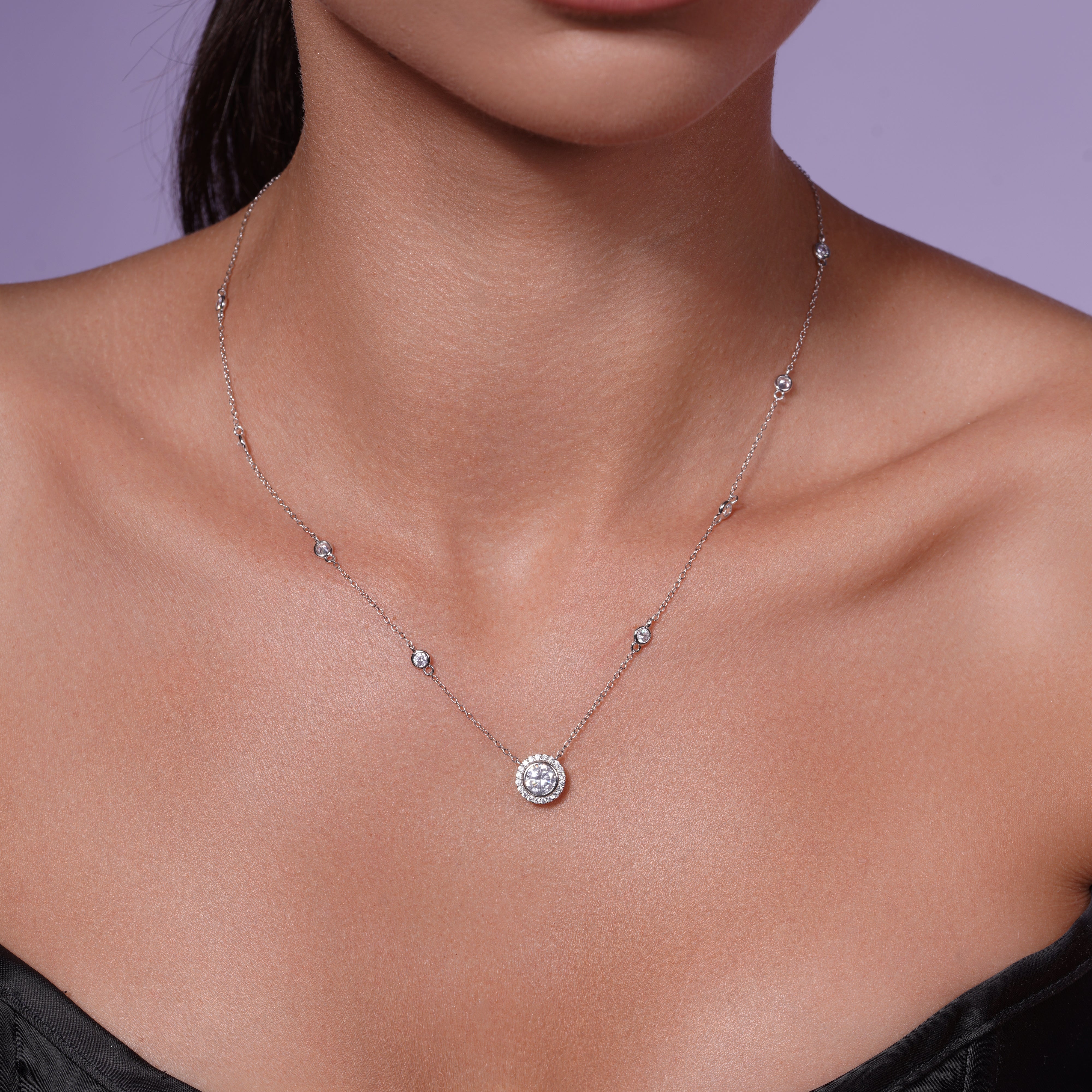 Silver 925 Rhodium Plated Round Cluster CZ Pendant Necklace - STP01423