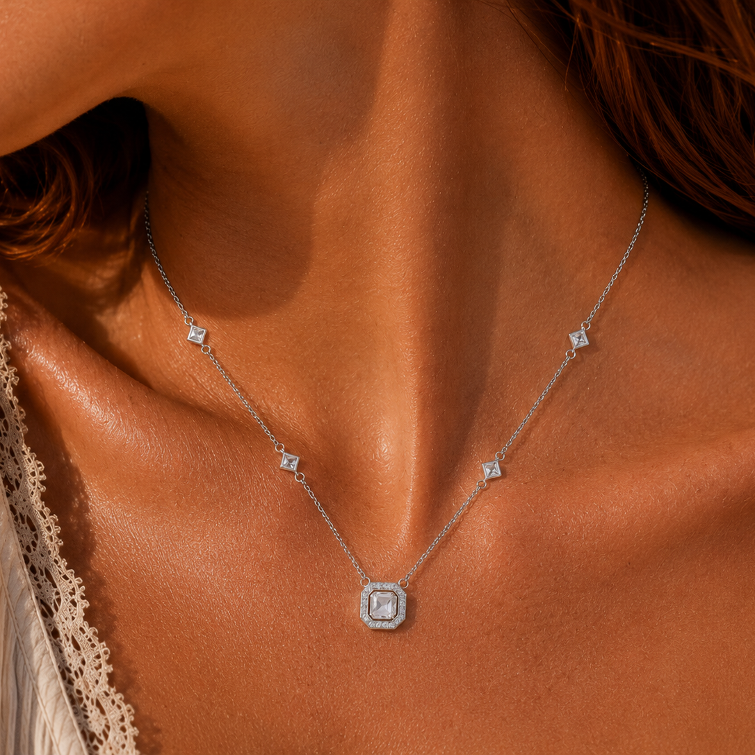 Rhodium Plated 925 Sterling Silver Multi CZ Cusion Necklace - STP01424