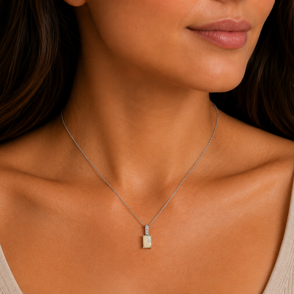 Rhodium Plated 925 Sterling Silver CZ & Opal Rectangular Pendant Necklace - STP01430