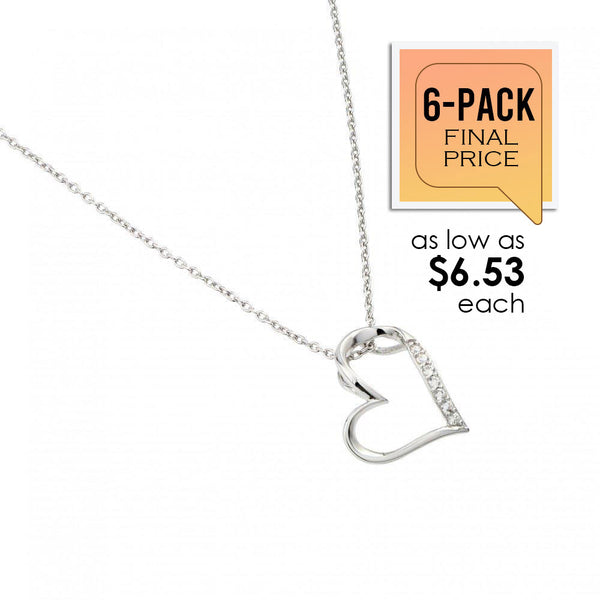 Silver 925 Rhodium Plated Slanted Heart Pendant Necklace (6/Pk) - STP01457-PX