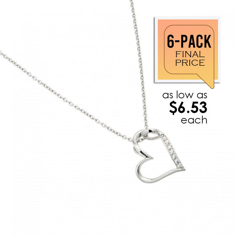 Rhodium Plated 925 Sterling Silver Slanted Heart Pendant Necklace (6/Pk) - STP01457-PX