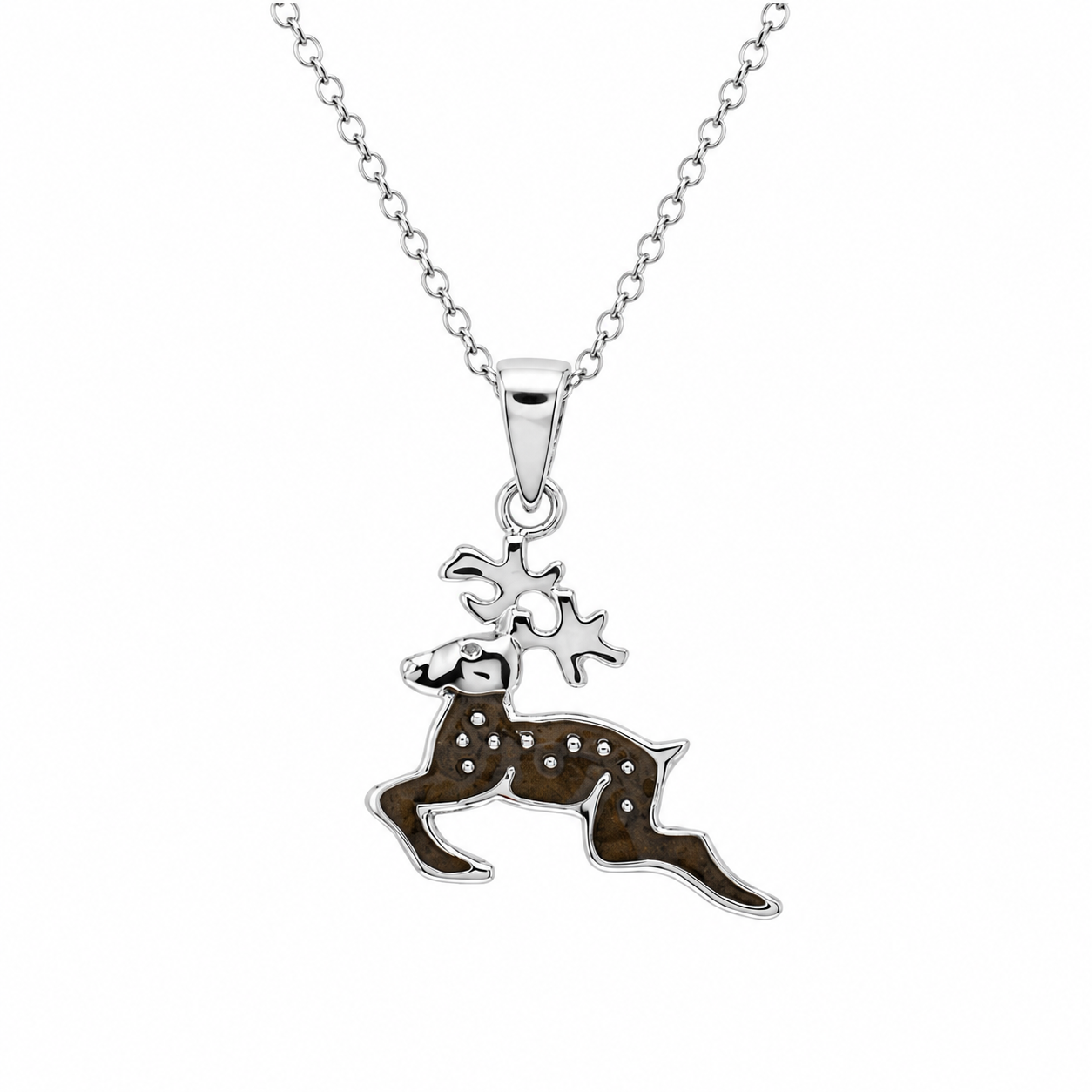 Rhodium Plated 925 Sterling Silver Brown Reindeer Pendent Necklace- STP01479