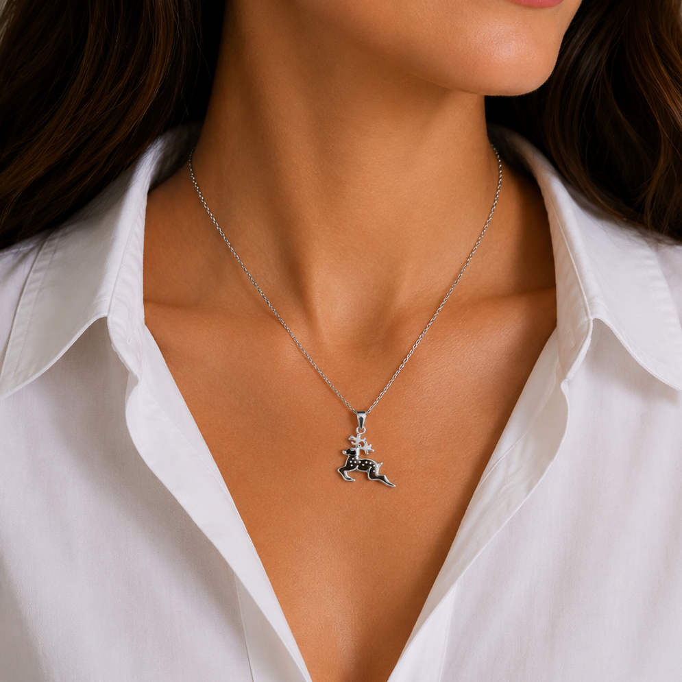 Rhodium Plated 925 Sterling Silver Brown Reindeer Pendent Necklace- STP01479