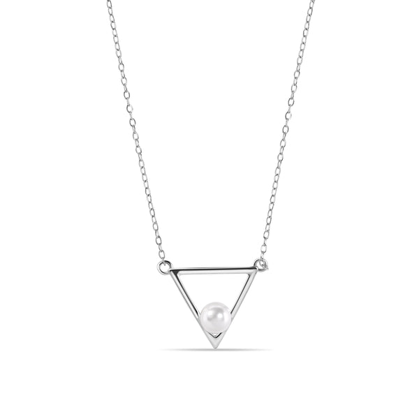 Silver 925 Rhodium Plated Open Triangle Fresh Water Pearl Necklace - STP01492