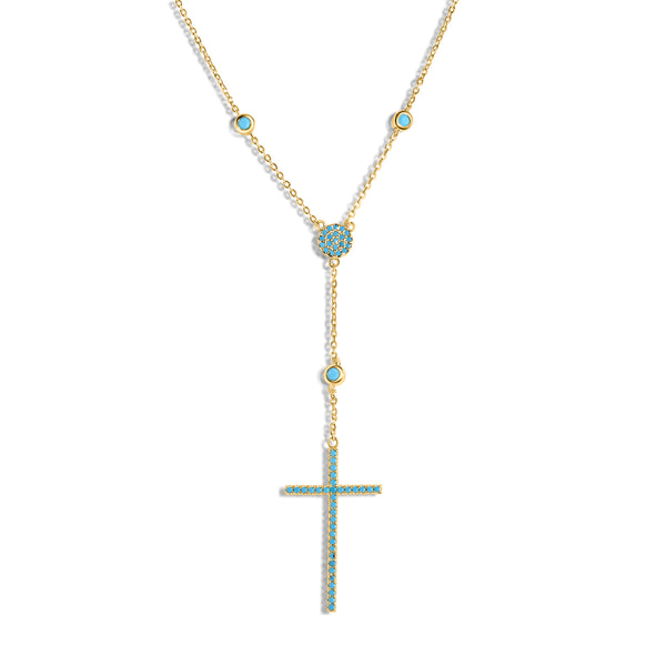 Silver 925 Gold Plated Cross Necklace with Synthetic Turquoise Stones - STP01513GP