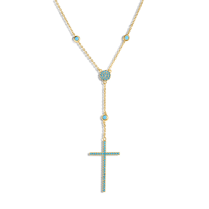 Silver 925 Gold Plated Cross Necklace with Synthetic Turquoise Stones - STP01513GP