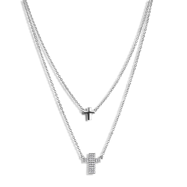 Silver 925 Rhodium Plated Double Cross Necklace with CZ - STP01516