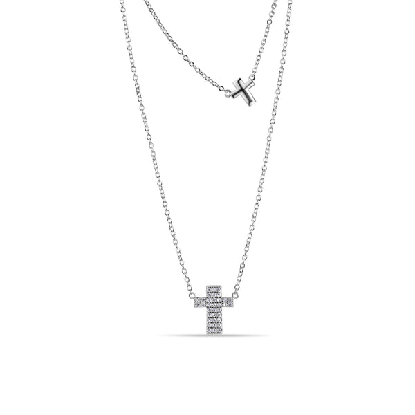 Silver 925 Rhodium Plated Double Cross Necklace with CZ - STP01516