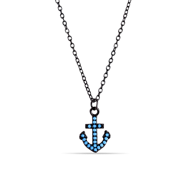 Black Rhodium Plated 925 Sterling Silver Anchor Turquoise Stones Necklace - STP01541BP