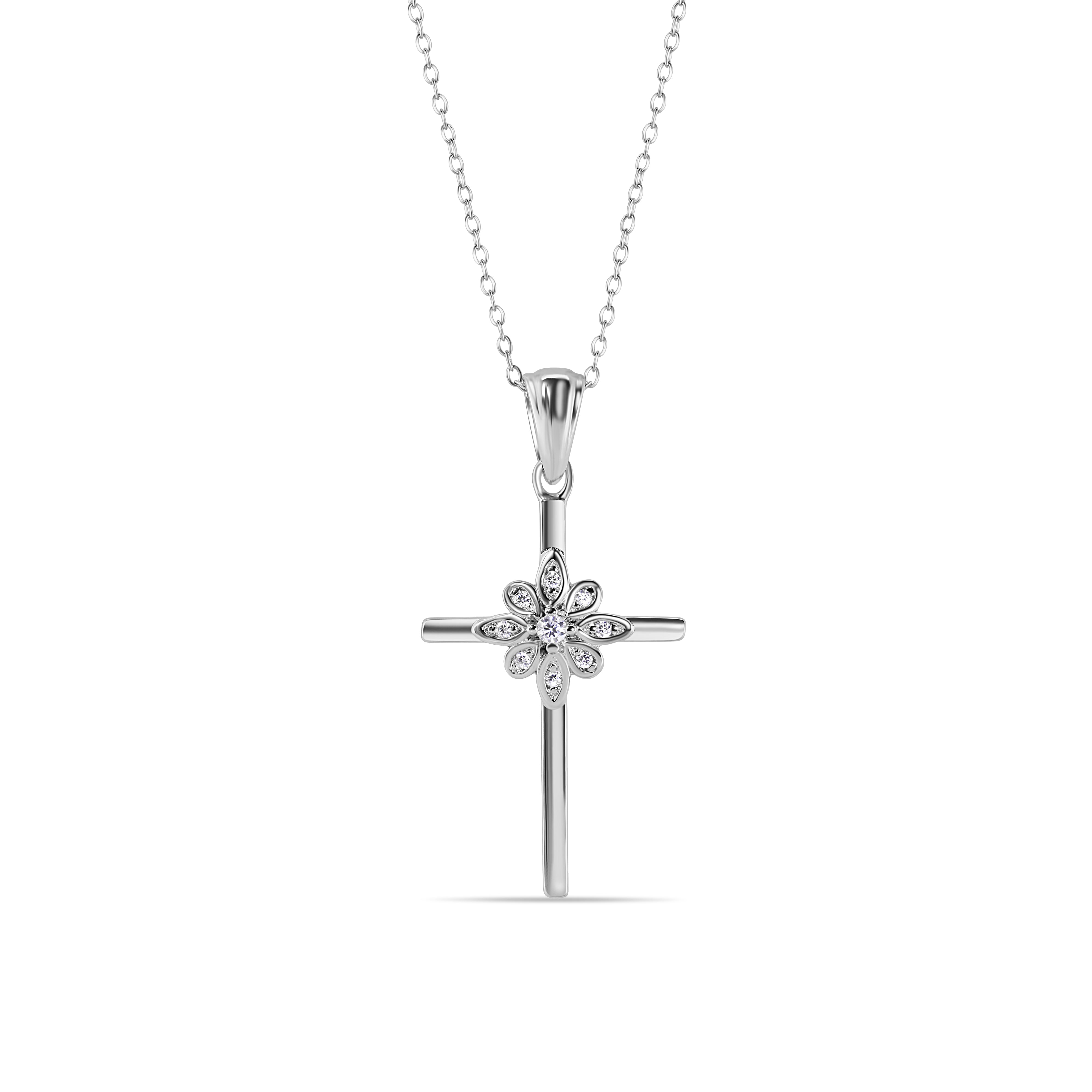 Collar con colgante de cruz y flor en plata de ley 925 rodiada con circonitas - STP01621