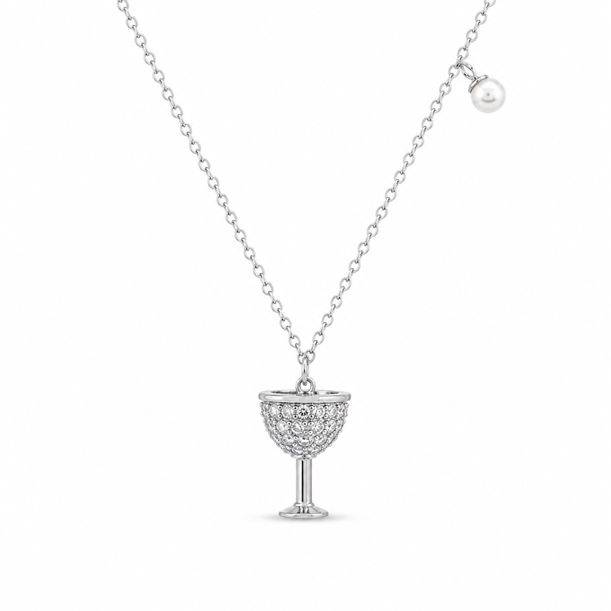 Rhodium Plated 925 Sterling Silver Wine Glass Pendant Necklace with CZ and Synthetic Pearl - STP01654