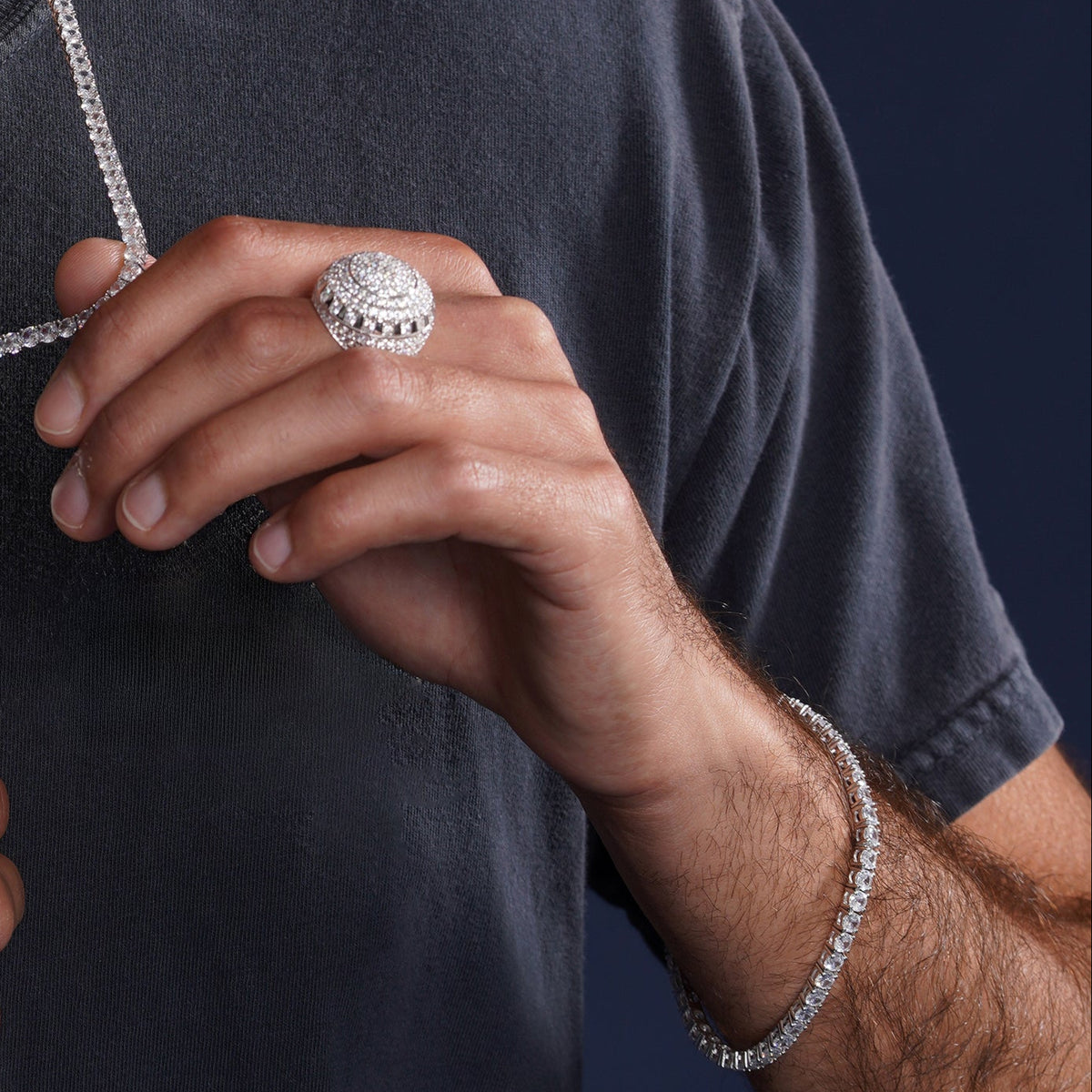 Rhodium Plated 925 Sterling Silver Dome CZ Hip Hop Ring