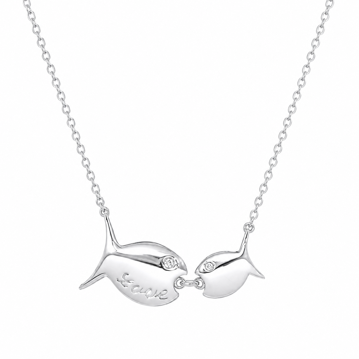 Rhodium Plated 925 Sterling Silver CZ Love Fish Pendant Necklace - STP01809