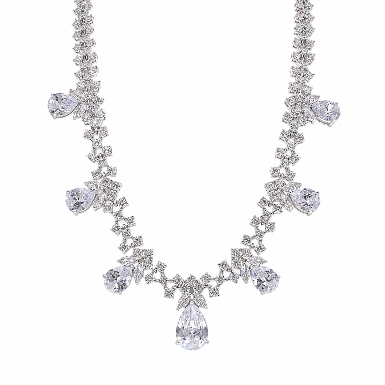 Rhodium Plated 925 Sterling Silver Multi CZ Teardrop Fancy Bridal Necklace - STP01840