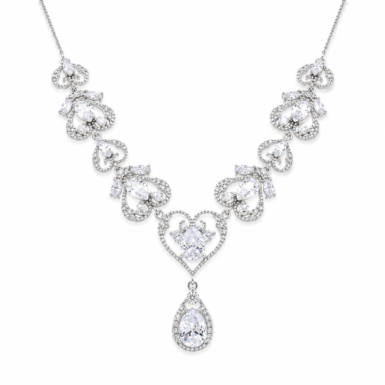 Rhodium Plated 925 Sterling Silver Victorian Hearts Teardrop Clear