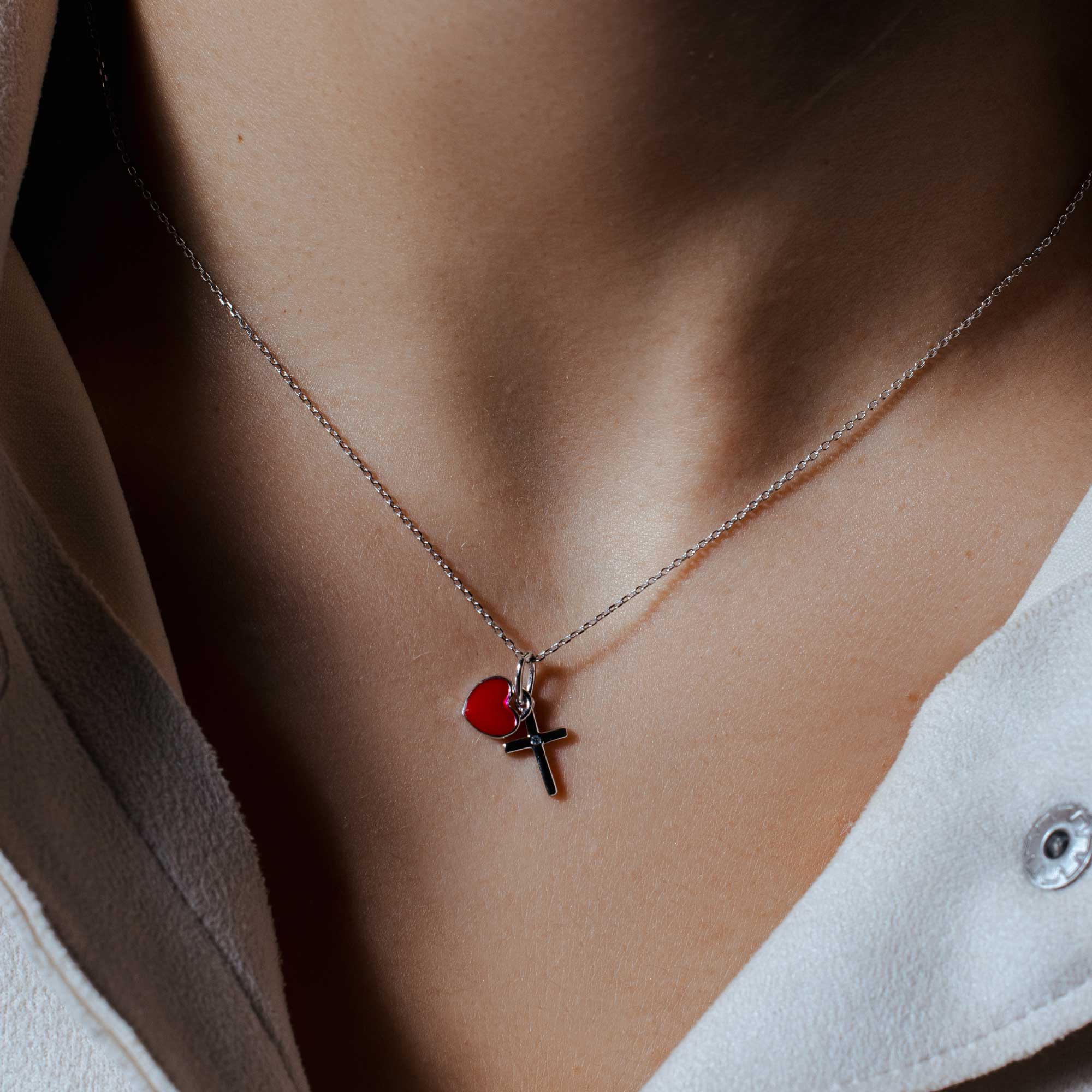 Silver 925 Rhodium Plated Cross Red Enamel Heart Pendant Necklace