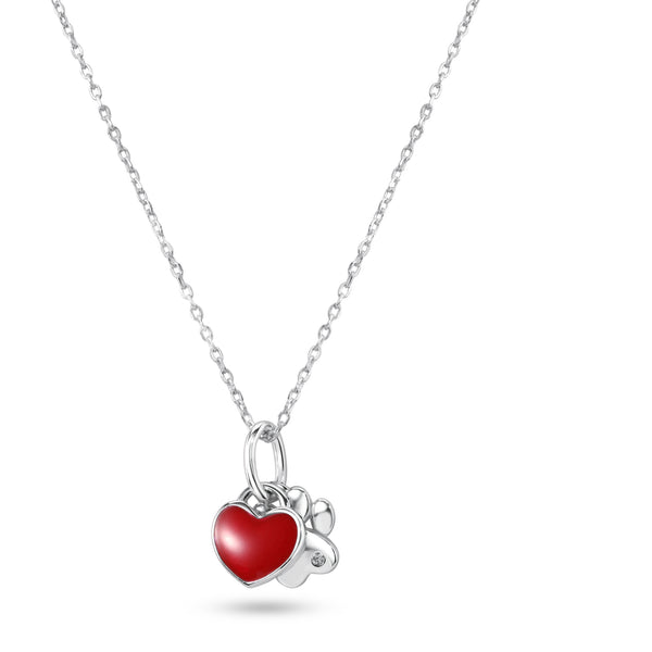 Rhodium Plated 925 Sterling Silver Dog Paw Red Enamel Heart Pendant Necklace - STP01854