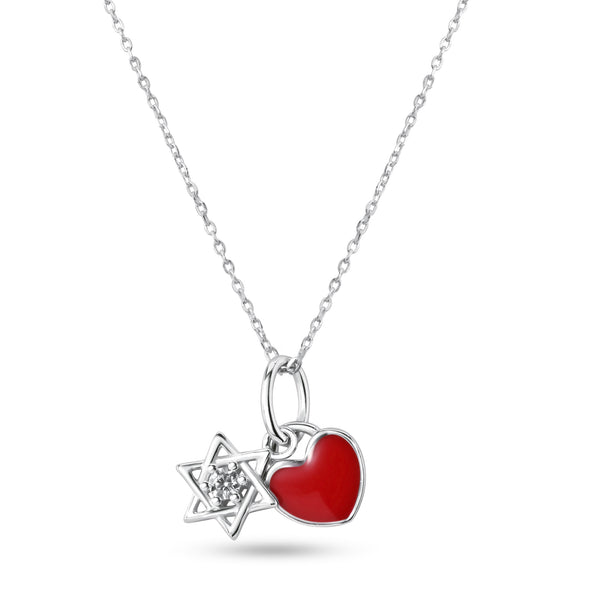Rhodium Plated 925 Sterling Silver Star of David Red Enamel Heart Clear CZ Pendant Necklace - STP01855