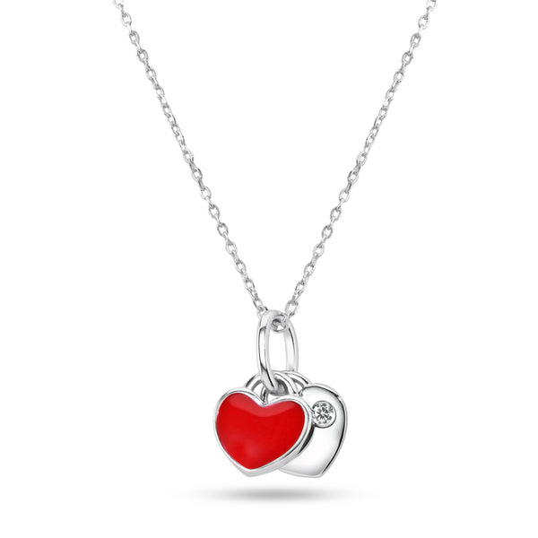 Rhodium Plated 925 Sterling Silver Heart Red Enamel Heart Clear CZ Pendant Necklace - STP01856